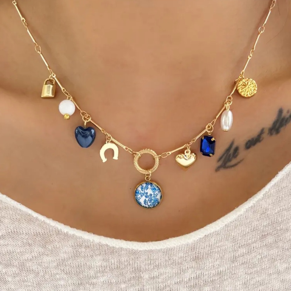 Gold Charm Necklace with Blue Accents